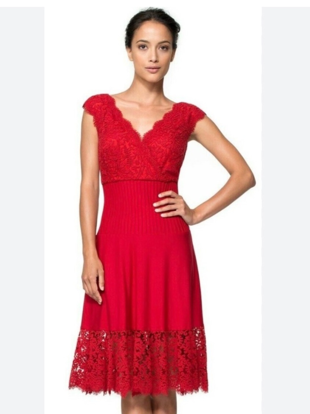 Tadashi Shoji Red Pintuck Lace Stretch Midi Dress L Wedding Party Prom